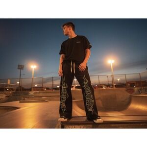 Authentics Black Flame Print Flare Sweatpants Mens Streetwear Sz xxl grunge‎ NWT